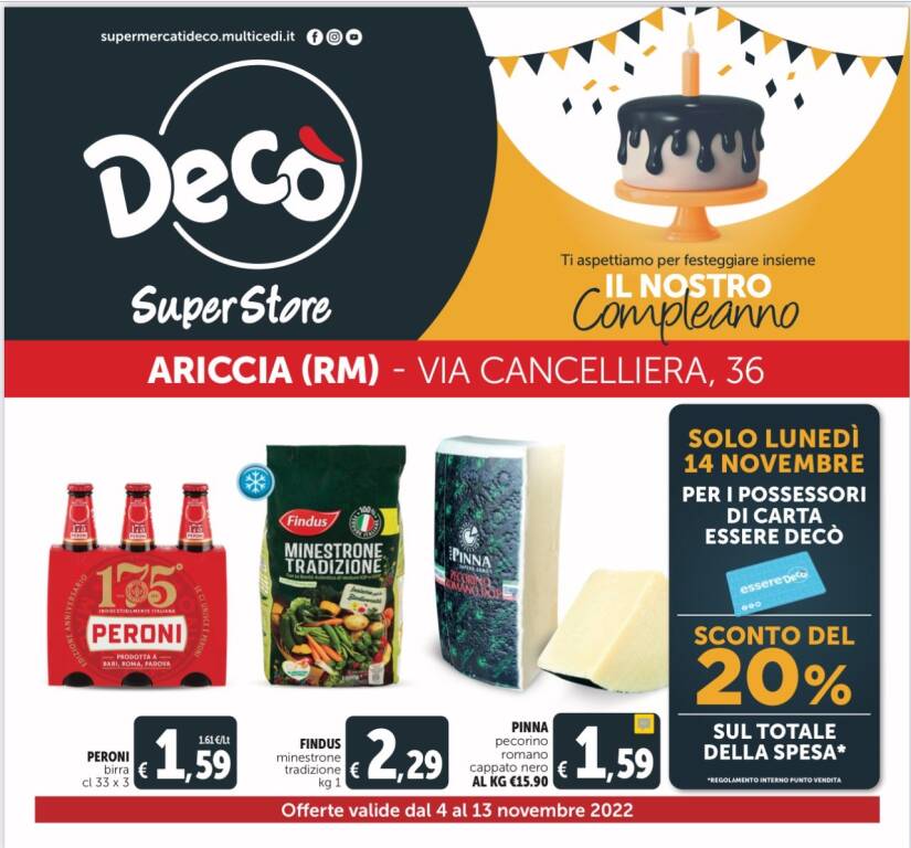 Superstore Decò Ariccia: il 14 novembre, nel 3° anniversario, 20% di sconto  su tutta la spesa - Castelli Notizie