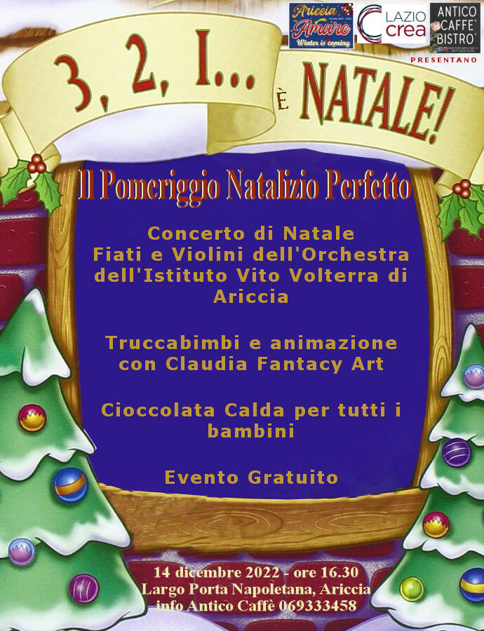 Mercoledì 14 dicembre, musica di natale suonata dal vivo, elfi e cioccolata calda offerta a Largo Porta Napoletana. Un grazie speciale alla collaborazione con i giovani musicisti dell'Istituto Vito Volterra di Ariccia, al progetto Ariccia da Amare, soste