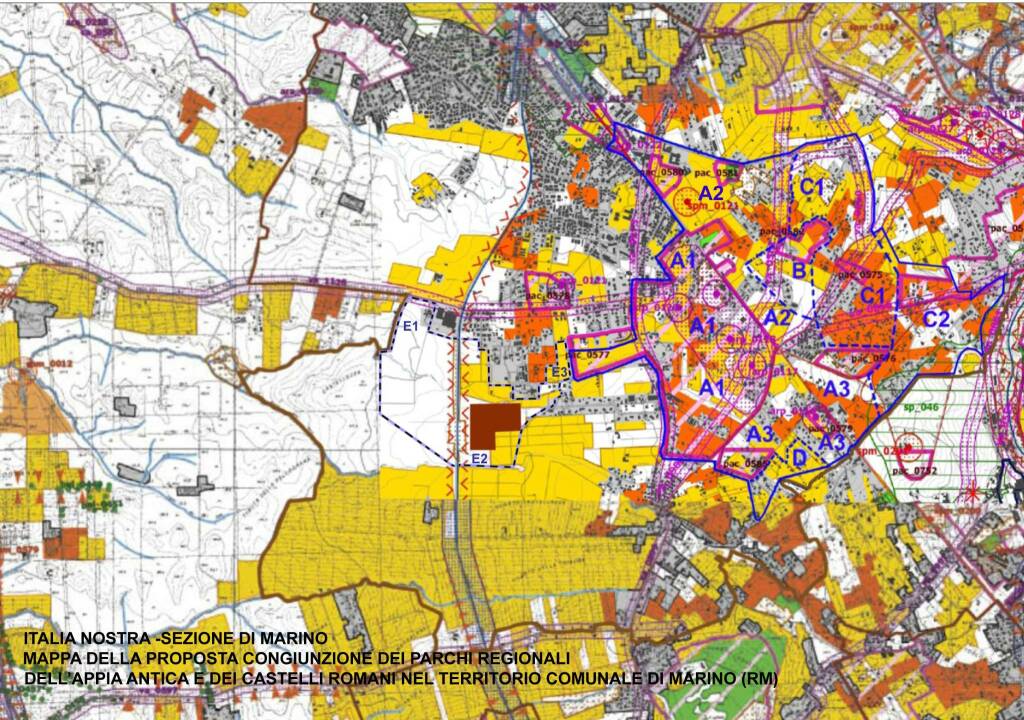 Mappa del progetto, con i nuovi confini proposti per il Parco dei Castelli Romani