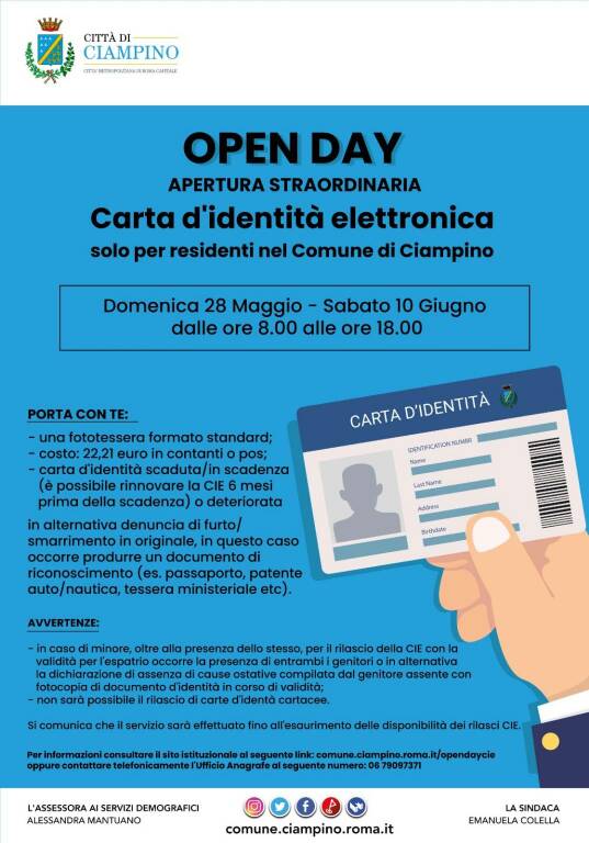 Ciampino Open Day Carta d'Identità Elettronica 28 Mag - 10 Giu 2023 Intera