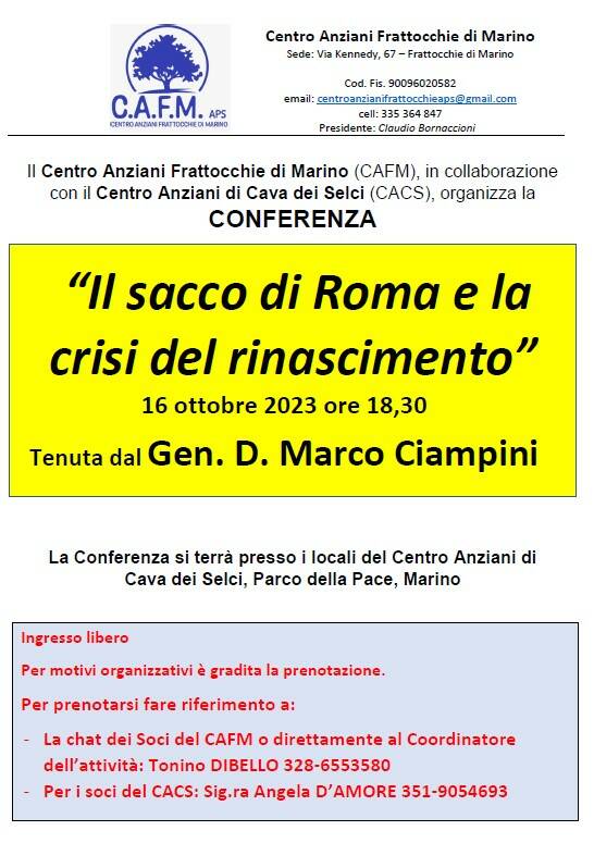 Il sacco di Roma e la crisi del Rinascimento 16 Ott 2023 Locandina