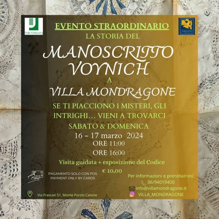 ALLA SCOPERTA DEL MISTERIOSO  CODICE VOYNICH sabato 16 e domenica 17 marzo Evento Straordinario a VILLA MONDRAGONE