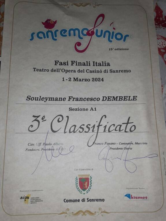 Rocca di Papa - Sole Dembele 3° Classificato a Sanremojunior